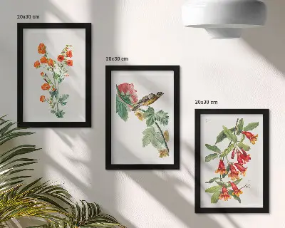 Modern keretezett kép szett festett retro virágok és egy madár egy ágon motívummal