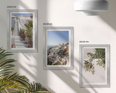 Keretezett triptichon Fehér lépcső Santorini-n, kilátással a városra