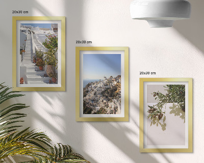 Keretezett triptichon Fehér lépcső Santorini-n, kilátással a városra
