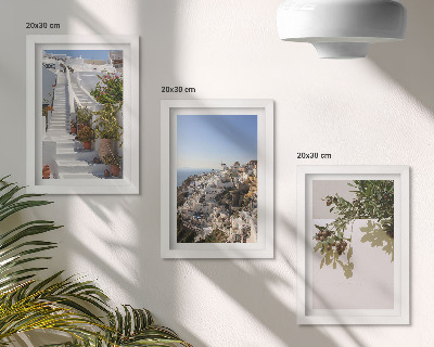 Keretezett triptichon Fehér lépcső Santorini-n, kilátással a városra