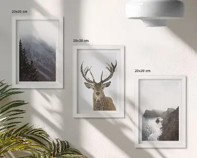 Hegyi táj köddel, vízzel és szarvasokkal keretezett triptichon
