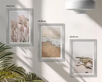Keretezett triptichon strandfű hullámok és tengerparti kövek bohém stílusban