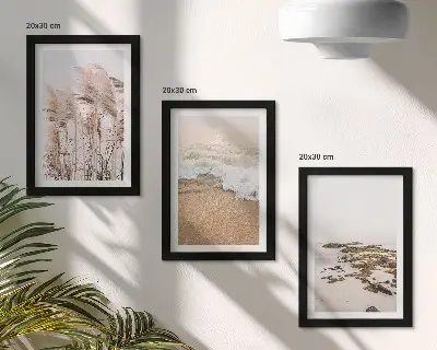Keretezett triptichon strandfű hullámok és tengerparti kövek bohém stílusban