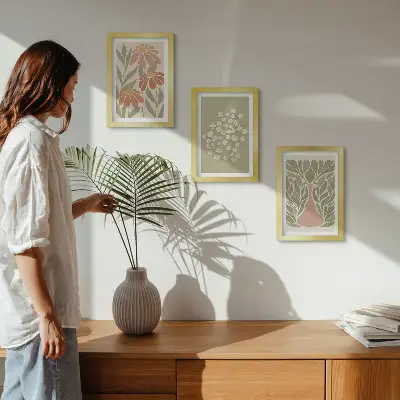 Keretezett triptichon virágmotívumos minimalista és bohém mintával