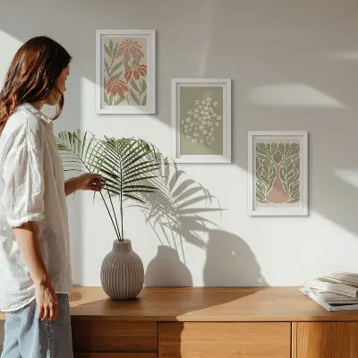 Keretezett triptichon virágmotívumos minimalista és bohém mintával