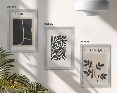 Keretezett triptichon absztrakt növényi mintákkal és geometriai alakzatokkal