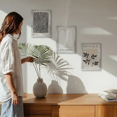 Modern keretezett képszett virágmintás és minimalista vonalvezetésű, semleges színekben