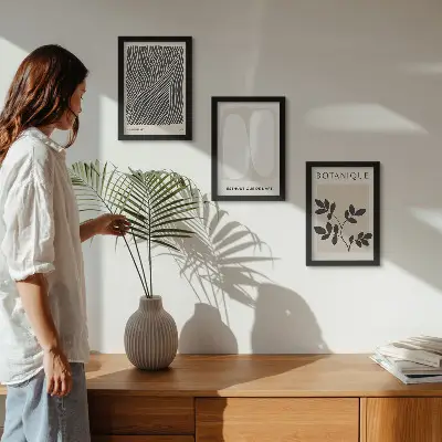Modern keretezett képszett virágmintás és minimalista vonalvezetésű, semleges színekben