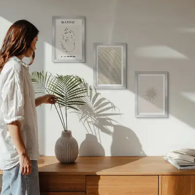 Modern keretezett képszett minimalista vonalak homok hullámok és nap mintával