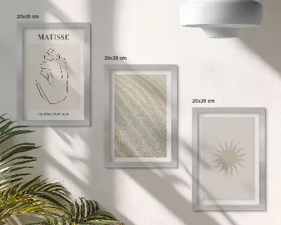 Modern keretezett képszett minimalista vonalak homok hullámok és nap mintával