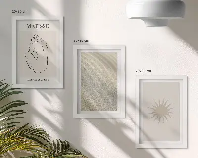 Modern keretezett képszett minimalista vonalak homok hullámok és nap mintával