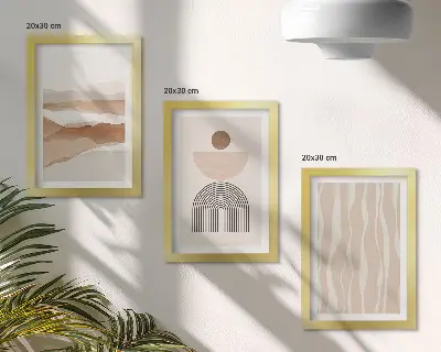 Keretezett triptichon absztrakt táj természetes formákkal és geometriai mintákkal