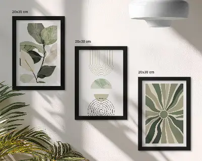 Modern keretezett képszett zöld színű geometrikus növényi mintákkal