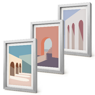 Keretezett triptichon Pasztell minimalista grafika a városi építészetről