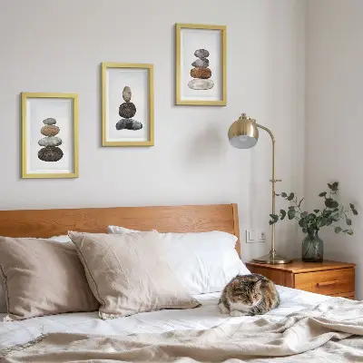 Kövek halmai minimalista bohém triptichon keretezett festmény