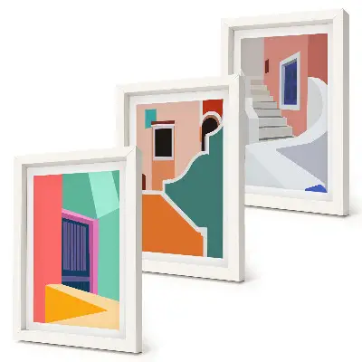 Keretezett triptichon modern stílusú épületek színes illusztrációival