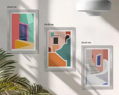 Keretezett triptichon modern stílusú épületek színes illusztrációival