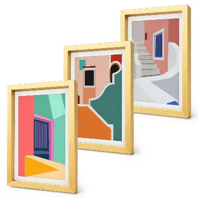 Keretezett triptichon modern stílusú épületek színes illusztrációival