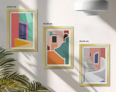Keretezett triptichon modern stílusú épületek színes illusztrációival