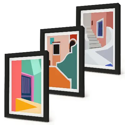 Keretezett triptichon modern stílusú épületek színes illusztrációival