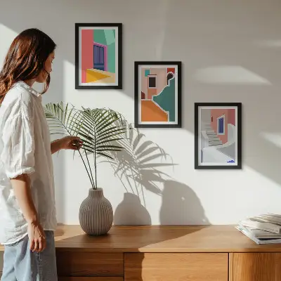 Keretezett triptichon modern stílusú épületek színes illusztrációival