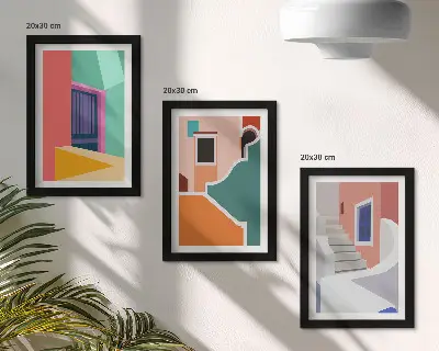 Keretezett triptichon modern stílusú épületek színes illusztrációival