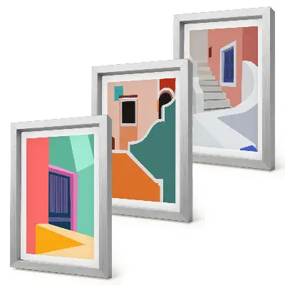 Keretezett triptichon modern stílusú épületek színes illusztrációival