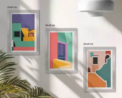 Modern keretezett képszett színes városi illusztrációkkal