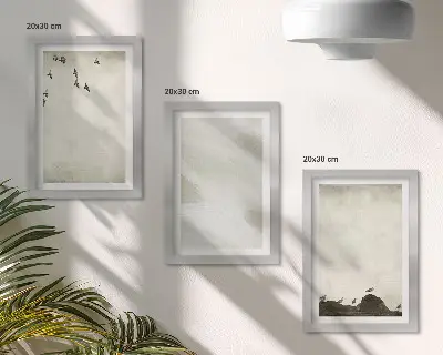 Keretezett triptichon madarak, sziklák és ecsetvonások minimalista dekoráció