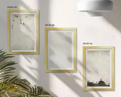 Keretezett triptichon madarak, sziklák és ecsetvonások minimalista dekoráció