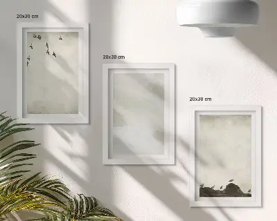 Keretezett triptichon madarak, sziklák és ecsetvonások minimalista dekoráció