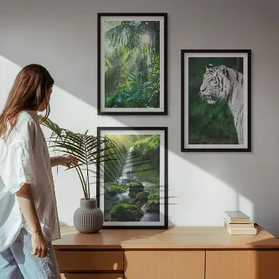 Dzsungel tigris vízesés mintás falikép keretezett szett hálószobába