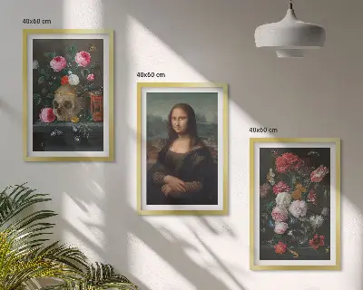Fali dekorációs képszett virágokkal díszített Mona Lisa koponyaportré