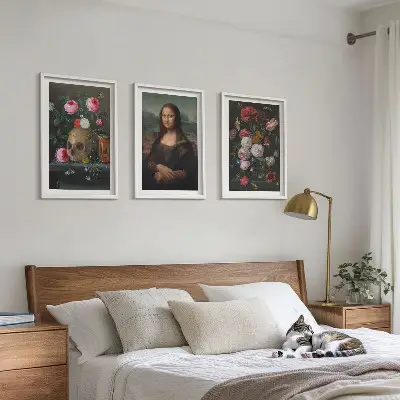 Fali dekorációs képszett virágokkal díszített Mona Lisa koponyaportré