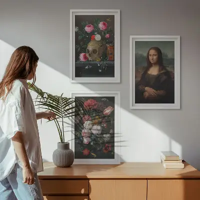 Fali dekorációs képszett virágokkal díszített Mona Lisa koponyaportré