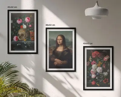 Fali dekorációs képszett virágokkal díszített Mona Lisa koponyaportré
