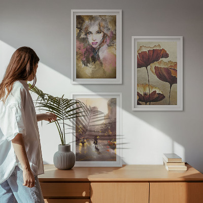 Keretezett kép szett hálószobába Absztrakt portré egy nőről virágokkal és esővel