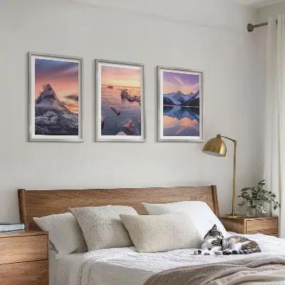 Fali dekorációs képszett hegyi táj és tavi naplemente mintával