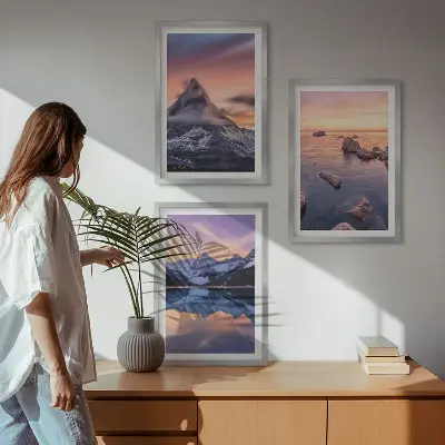 Fali dekorációs képszett hegyi táj és tavi naplemente mintával