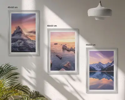 Fali dekorációs képszett hegyi táj és tavi naplemente mintával