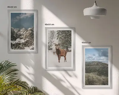 Keretezett kép szett hálószobába havas hegyek és erdő tájképpel