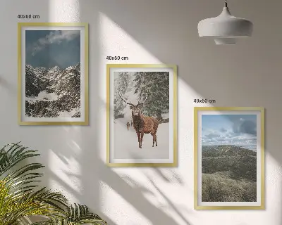 Keretezett kép szett hálószobába havas hegyek és erdő tájképpel