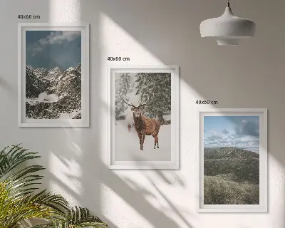 Keretezett kép szett hálószobába havas hegyek és erdő tájképpel