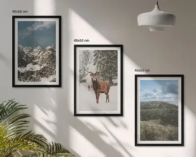 Keretezett kép szett hálószobába havas hegyek és erdő tájképpel