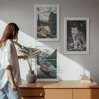 Fali dekorációs képszett hegyek, tavak és farkas mintával