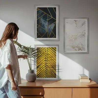 Geometriai mintás és növényi motívumos képszett keretezett változat hálószobába