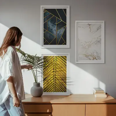 Geometriai mintás és növényi motívumos képszett keretezett változat hálószobába