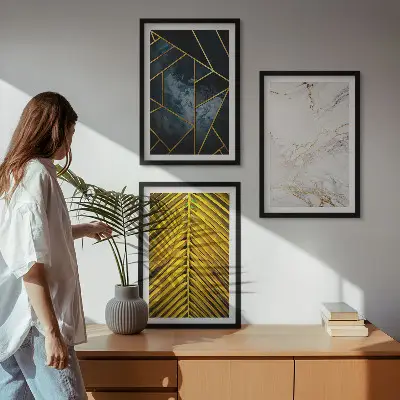 Geometriai mintás és növényi motívumos képszett keretezett változat hálószobába