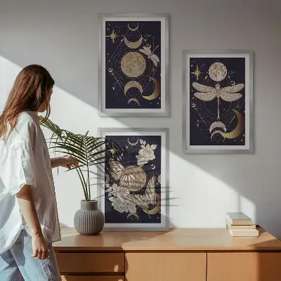 Fali dekorációs képszett természet motívumos hold és virág mintával