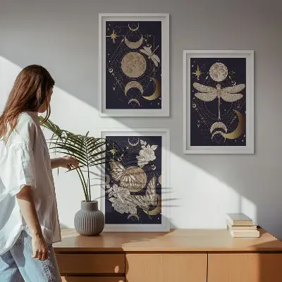 Fali dekorációs képszett természet motívumos hold és virág mintával